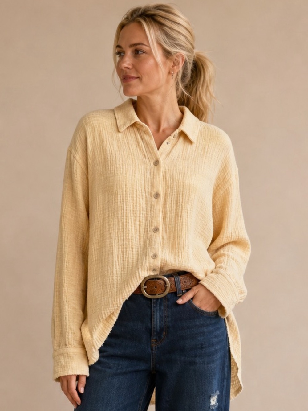 NWT - Mystree Cotton Gauze Blouse in Distressed Chamois Yellow - Oversized